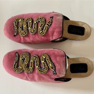 GUCCI Lawrence Velvet Crystal Snake Embroidered Princetown Slippers EU 37 / 7 US